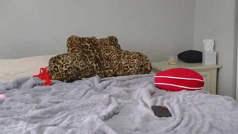 A video of a messy bedroom with a leopard-print pillow, red heart-shaped pillow, gray blanket, and a smartphone on a white bed, against a pale gray wall.