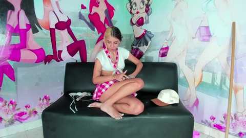 Video of a blonde woman in a pink plaid crop top and skirt, sitting on a black couch, painting nails, surrounded by anime-themed murals.