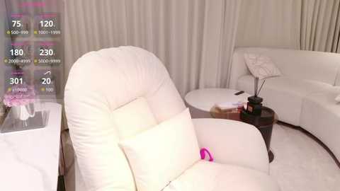 Video of a minimalist, modern living room with white leather armchair, white couch, and small round table with pink flower vase. Light gray walls and sheer curtains add softness.
