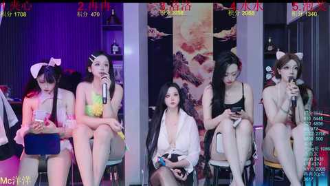 A video of five East Asian women, nude, in various poses, sitting on stools in a dimly lit room, each with a different expression, labeled with time stamps and captions.