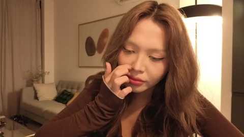 A video of a young Asian woman with light brown hair, wearing a brown sweater, using a phone, in a modern, warmly-lit living room with beige walls and abstract art.