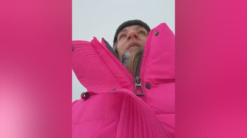 Video of a man with a beard, wearing a bright pink puffer jacket and black beanie, gazing upward. The image is framed by pink vertical bars.