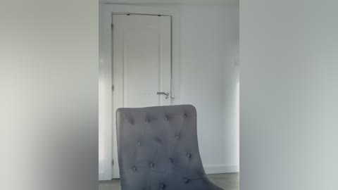 A video of a minimalist, modern living room with a white door, a gray tufted armchair, and light gray walls. The room has a clean, uncluttered appearance with a sleek, contemporary aesthetic.