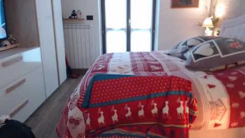Video of a cozy bedroom with a red and white reindeer-patterned quilt, matching pillows, and a white radiator. Modern furniture, wooden floor, and a flat-screen TV on a white cabinet.