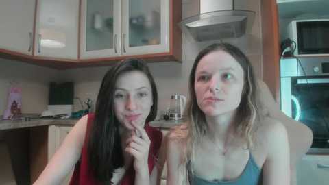 A video shows two young women with light skin, long dark hair, and wearing casual tops. They sit in a modern kitchen with white cabinets, a microwave, and a stovetop. One woman touches her finger to her lips, while the other looks serious.