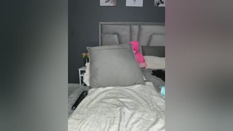 Video of a modern bedroom with a gray upholstered headboard, a gray bedspread, and a gray throw pillow. A pink teddy bear is on the bed, and a white nightstand with a lamp and a vase of flowers is on the left.