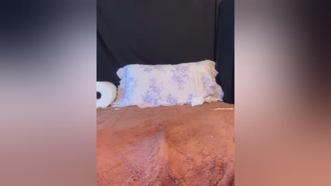 A video of a bed with a fluffy, light brown blanket, a white pillowcase with purple flowers, and a black wall. A white roll of toilet paper is visible on the left. The image has a soft, warm color palette.