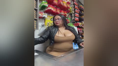 Video of a plus-sized Latina woman with long black hair, wearing glasses and a tight brown dress, seated behind a supermarket checkout counter, surrounded by colorful snack shelves.
