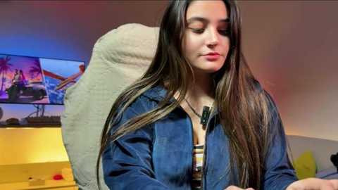A video of a young woman with long brown hair, wearing a blue denim jacket, sitting on a yellow chair in a brightly lit room.