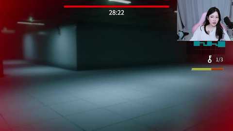 A video of a woman with long black hair and fair skin, wearing a white shirt, appears in a dimly lit, red-tinted room, with a video feed overlay.