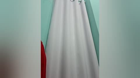 Video of a white curtain hanging against a mint green wall, partially covering a red curtain. The image captures a simple, clean, and minimalistic interior scene.