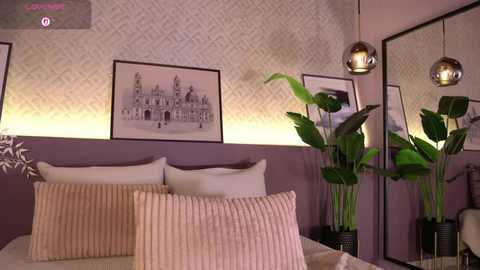 Video of a modern bedroom with a gray and white color scheme. The bed features two beige pillows and a striped pillow. The wallpaper displays a geometric pattern. Artwork and potted plants are visible.