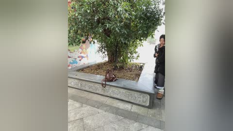 A video shows a brown backpack resting on a stone bench in a park. A person in black clothing stands to the right, facing a large, green tree. The background features a colorful mural and a tiled path.