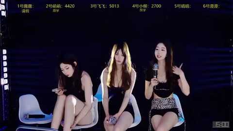 Video of three young Asian women, seated in modern white chairs, wearing casual outfits. They are engaged with smartphones, against a dark, minimalist background.