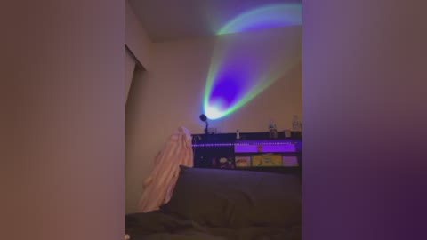 Video of a dimly lit room with a dark sofa, a white towel hanging on a wall, and a neon light emitting blue and green hues.