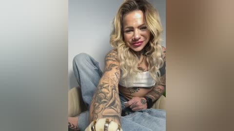 Video of a tattooed blonde woman with wavy hair, wearing a white crop top and blue jeans, smiling while extending her arm towards the camera.