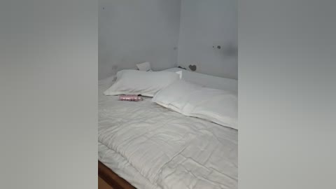 Video of a minimalist, white bedroom with a neatly made bed, two white pillows, and a pink lipstick on the bedspread. The walls are light gray, creating a serene, clean atmosphere.