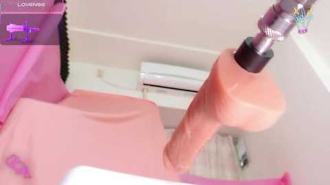 A video shows a pink vibrator with a realistic penis-like shape being inserted into a pink toy. The background features a white ceiling, an air conditioner, and a pink curtain.