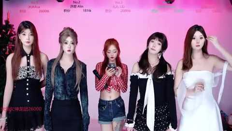 Video of five Asian women in trendy outfits: black and white striped crop top, denim shorts, black jacket, off-shoulder dress, white top, and black dress, posing against a pink background.
