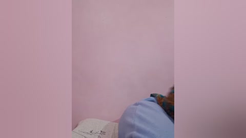 Video of a small, cozy room with pale pink walls, a blue pillow, and a beige book on a bed. The room appears clean and minimalistic, with a soft, serene atmosphere.