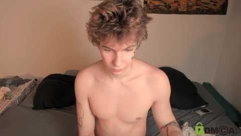 Video of a shirtless young man with messy brown hair, tattoos, and light skin, sitting on a bed with gray sheets, black pillows, and a wicker basket.