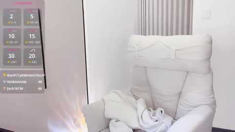 Video of a minimalist, modern room featuring a white, plush armchair with a throw blanket, against a white wall with a radiator, and a digital temperature display.