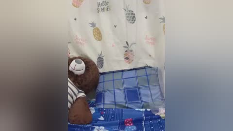 Video of a teddy bear wearing a striped shirt, lying on a bed with a blue and white checkered blanket. Background features a white curtain with playful pineapple and \"Hello Kitty\" designs.