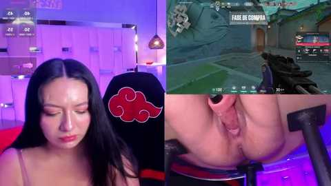 Video collage featuring an Asian woman with long black hair and a red Naruto headband, wearing a black tank top, in a dimly lit room.