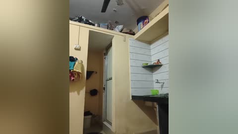 Video of a compact, modern bathroom with beige walls, white subway tile backsplash, black countertop, green soap dispenser, and a shower stall.