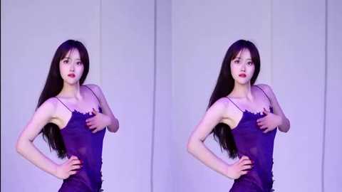 Video of a young Asian woman with long black hair, wearing a sheer black camisole and red lipstick, standing in front of a plain white backdrop. She has a slender physique and is positioned in a mirrored setup, creating a side-by-side effect.