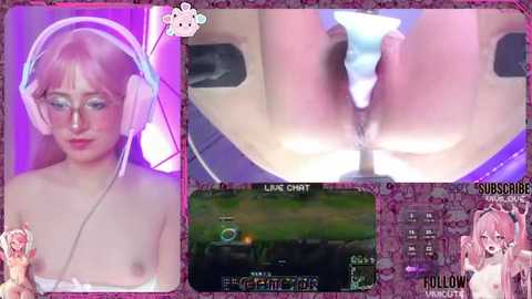 Media: Video collage of a light-skinned, pink-haired woman in a white bra, a close-up of her anus, and a video game scene.