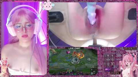 Media: Video collage featuring a pale-skinned, pink-haired anime girl with glasses, topless, alongside a close-up of a pink vulva, and a video game screen.