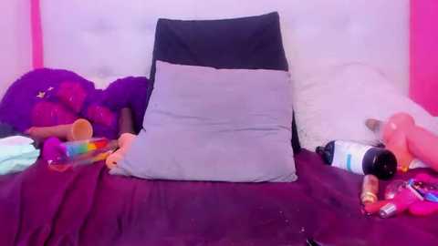 Video of a messy bedroom with a bed covered in various sex toys, including vibrators and dildos, against a pink wall.