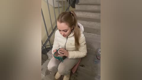 Media: Video of a young woman with light brown hair in a ponytail, wearing a white jacket, beige pants, and light brown boots, sitting on a concrete floor, holding a green bowl, amidst a cluttered, dimly lit room with a staircase in the background.