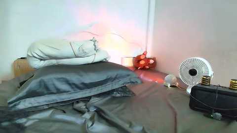 Video of a cluttered bedroom corner with a bed covered in gray sheets, a pile of white pillows, a white fan, and a red lamp on the floor, creating a cozy, slightly messy ambiance.