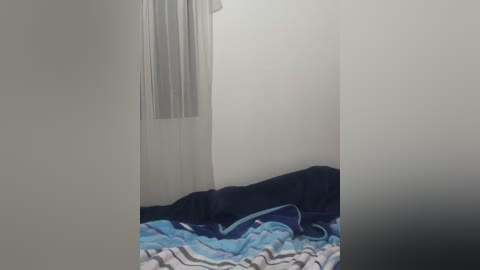 A video of a dimly lit, sparsely furnished room with a bed covered in a blue and white striped blanket. The walls are plain white, and a sheer curtain hangs on the left side. The room appears somewhat neglected.