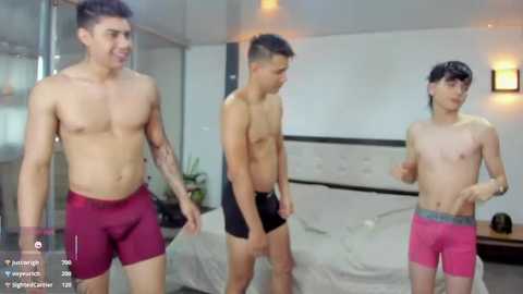 Video of three shirtless men in underwear, two in black, one in pink, standing in a modern bedroom with a bed, plants, and a mirror.