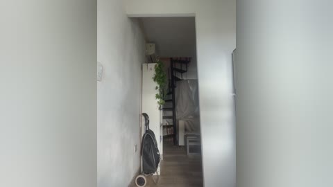 A video of a narrow hallway with white walls and a black backpack hanging on the left. The hallway leads to a partially visible bedroom with a white bed and potted plants.