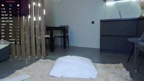 Media: Video of a modern living room with a plush white rug, a white pillow, and a minimalist wooden dining setup.