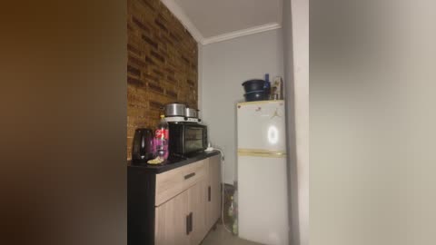 A video of a small, cluttered kitchen corner featuring a brick wall, a microwave, toaster, and an old white refrigerator, with a pink bottle on the countertop.
