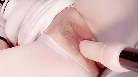 Media: Video of a close-up view of a person's vulva being penetrated by a dildo, partially covered by white panties, with a visible pink labia.