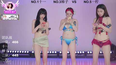 Video of three Asian women in revealing bikinis on a stage, holding phones, with a live stream overlay.