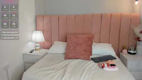 Video of a modern, minimalist bedroom with a pink tufted headboard, beige bedding, white nightstand, a lamp, and a laptop on the bed.