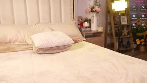 Video of a plush, beige bed with a white pillow and decorative cushion, against a padded headboard. In the background, a cozy, warmly-lit room with a wooden shelf, flowers, and a clock.