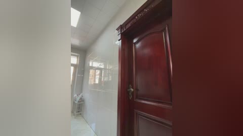 Video of a narrow, clean hallway with white tiled walls, a red wooden door on the right, and a white metal trash can on the left.