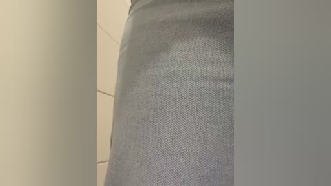 Media: A video of a person wearing a gray, textured, knee-length skirt, captured from the side. The background features a beige tiled wall. The image is cropped closely, focusing on the lower body and the skirt's fabric texture.