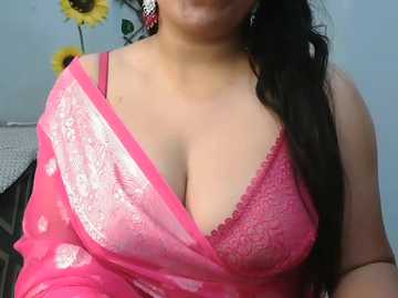 Media: Video of a curvy woman with medium skin tone, wearing a pink sari with a lace bralette, her long black hair cascading over her shoulder. Background features a sunflower and a white wall.