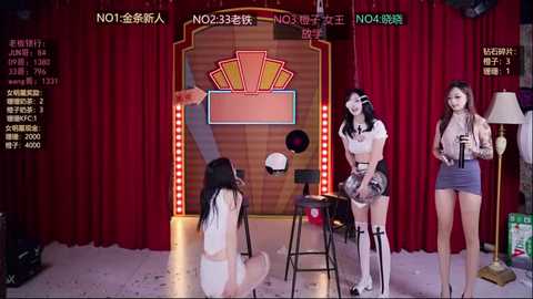 Video of three Asian women in revealing outfits, one kneeling, one standing, and one sitting at a bar, in a lively, dimly-lit room with a vintage, neon-lit backdrop.
