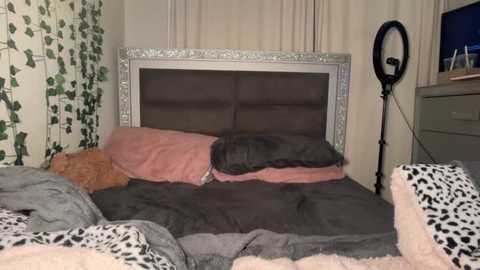 Video of a messy bedroom with a leopard-print blanket, a silver-framed mirror, and a ring light on a gray dresser, showcasing a cluttered, lived-in space.