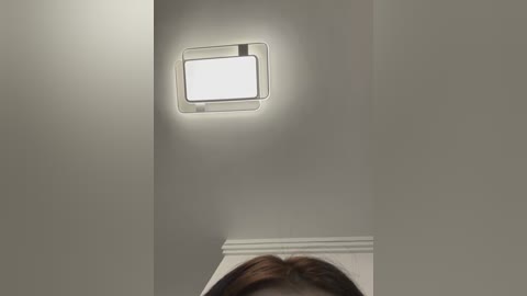 Video of a modern, minimalist ceiling light fixture with a rectangular, bright white panel emitting soft light, mounted on a smooth, off-white ceiling. The fixture's sleek design contrasts with the plain, unadorned ceiling.